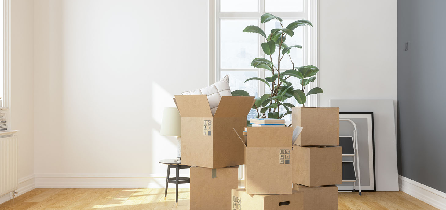 Stacks of moving boxes holding books and pillows next to household items that have not yet been packed.