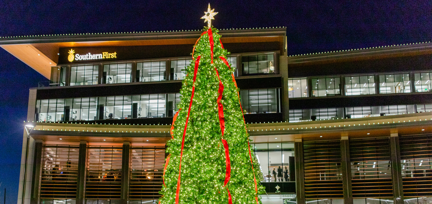 Southern First Headquarters with Christmas tree out front.