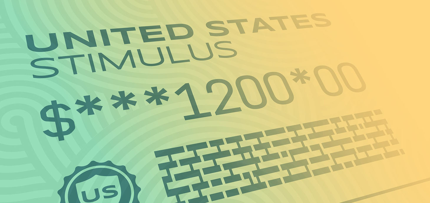 Graphic mimicking a check that says United States stimulus $1200.00 with a US stamp and barcode.