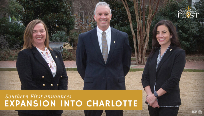 Three Southern First bankers in Charlotte, NC.