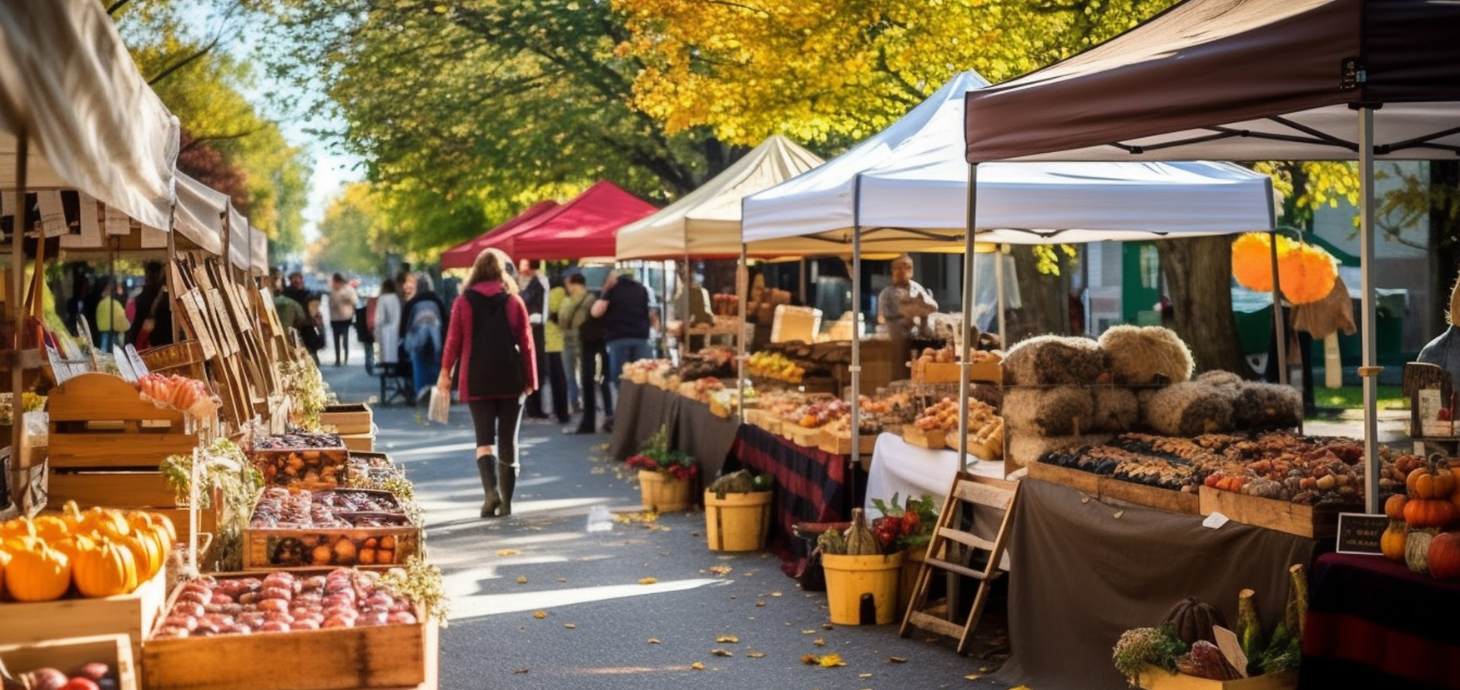 Women walking down the street during a fall farmer's market.