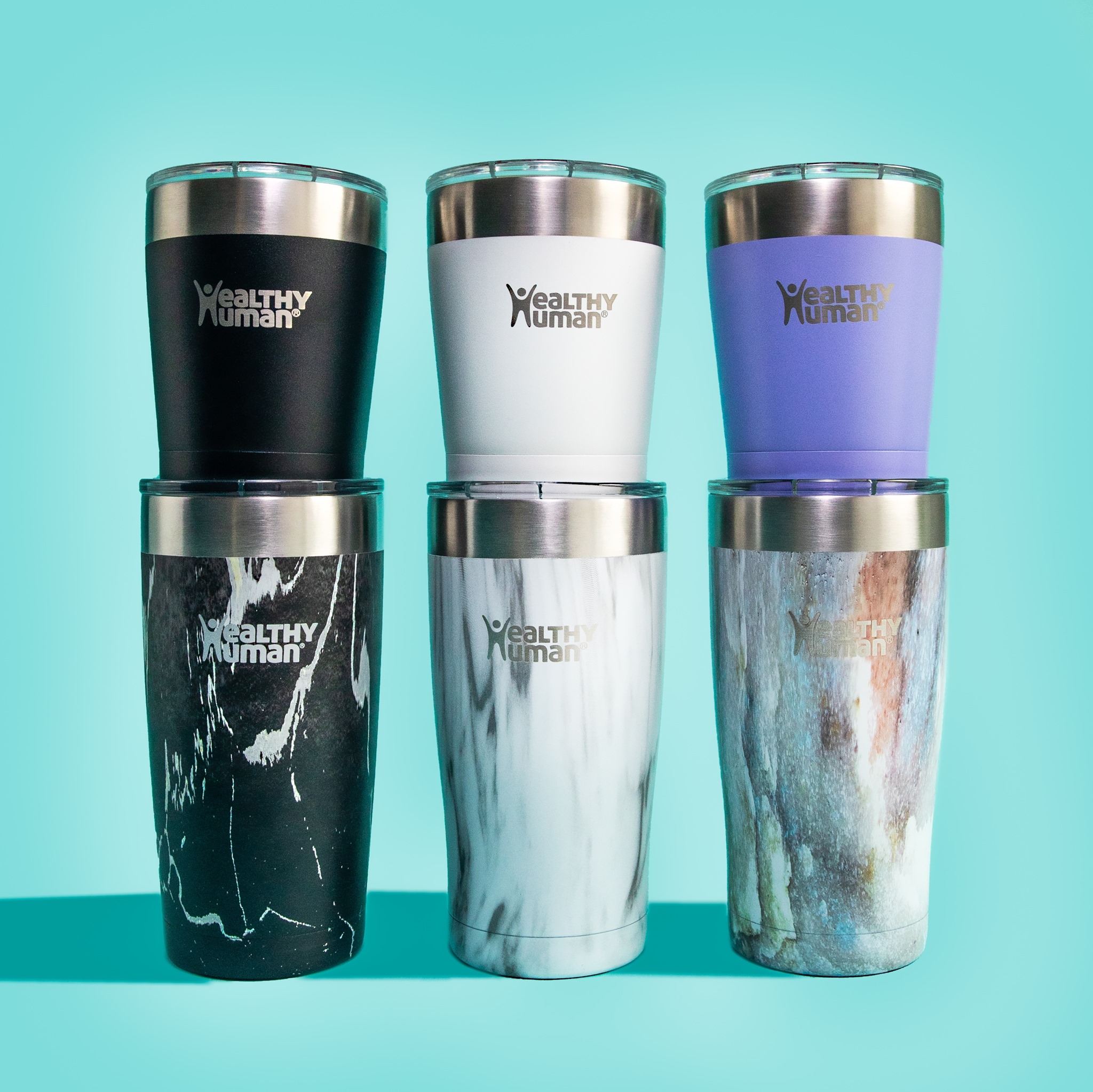 Image of Healthy Human cups on a blue background.