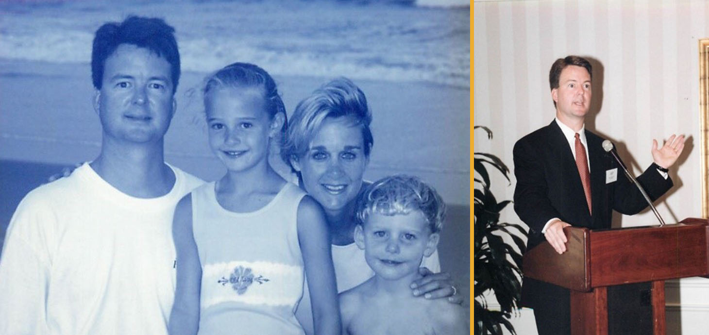 Vintage photos of Art Seaver. On the left, a blue-toned photo of him with his wife, daughter, and son. On the right, him speaking at a podium.