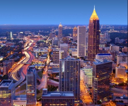 Atlanta's skyline lit up at night.